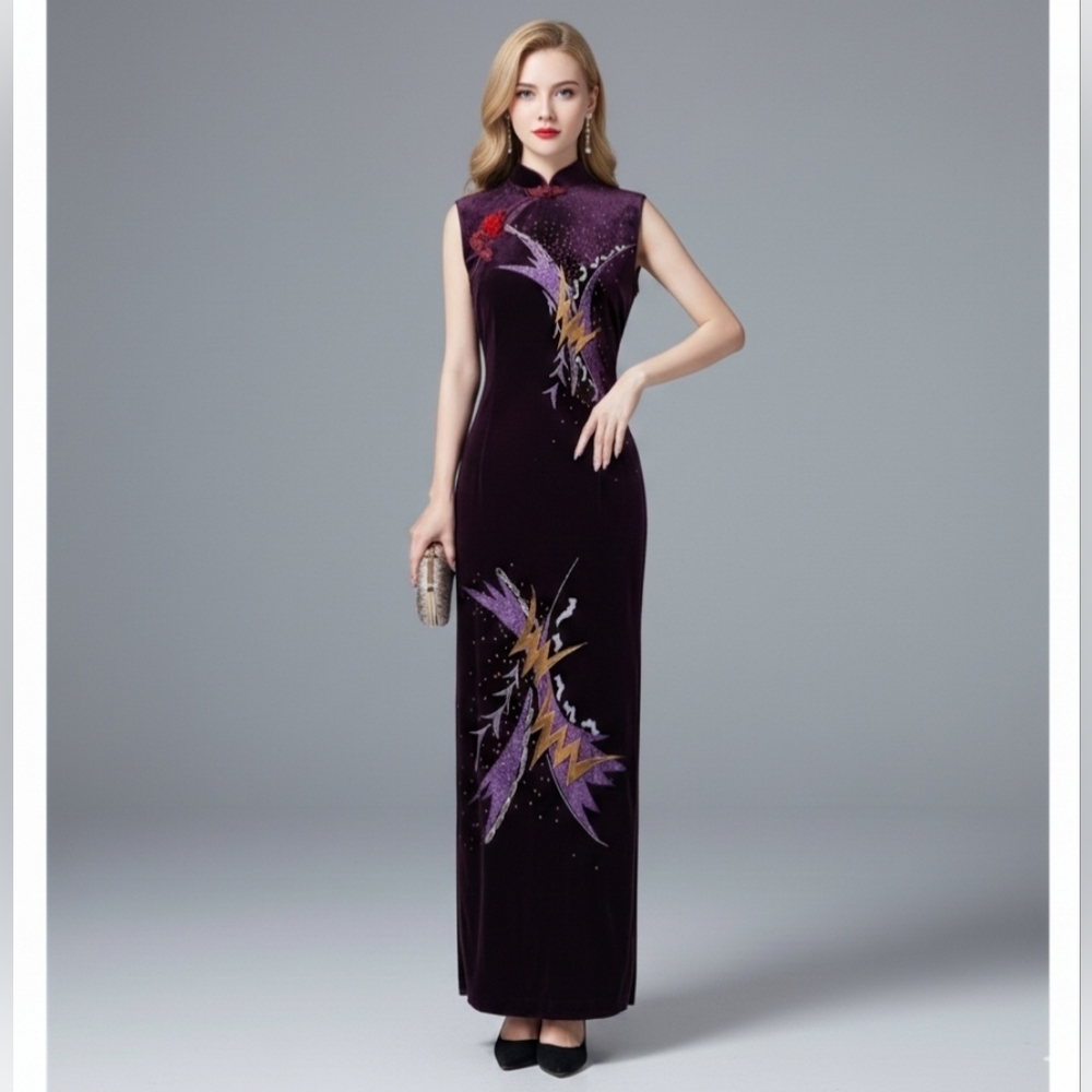 LG Velvet Holiday Party Dress Y2K Vintage Maxi Purple Sparkle Graphic